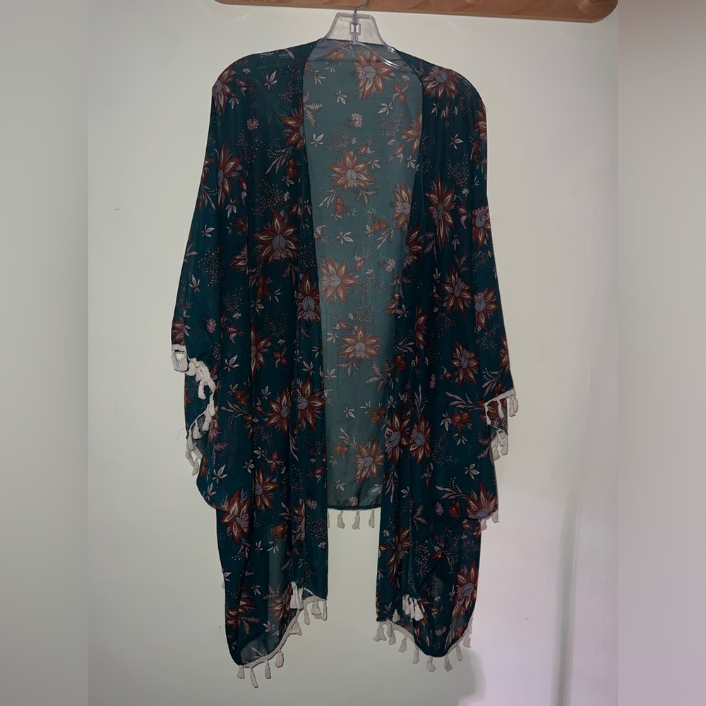 Forrest green floral pattern kimono with tassel border.